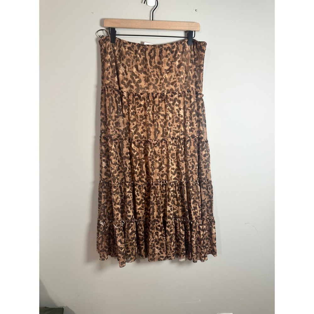 Metro Wear Leopard Print Tiered Maxi Skirt Brown Mesh Ruffle Boho Y2K Large